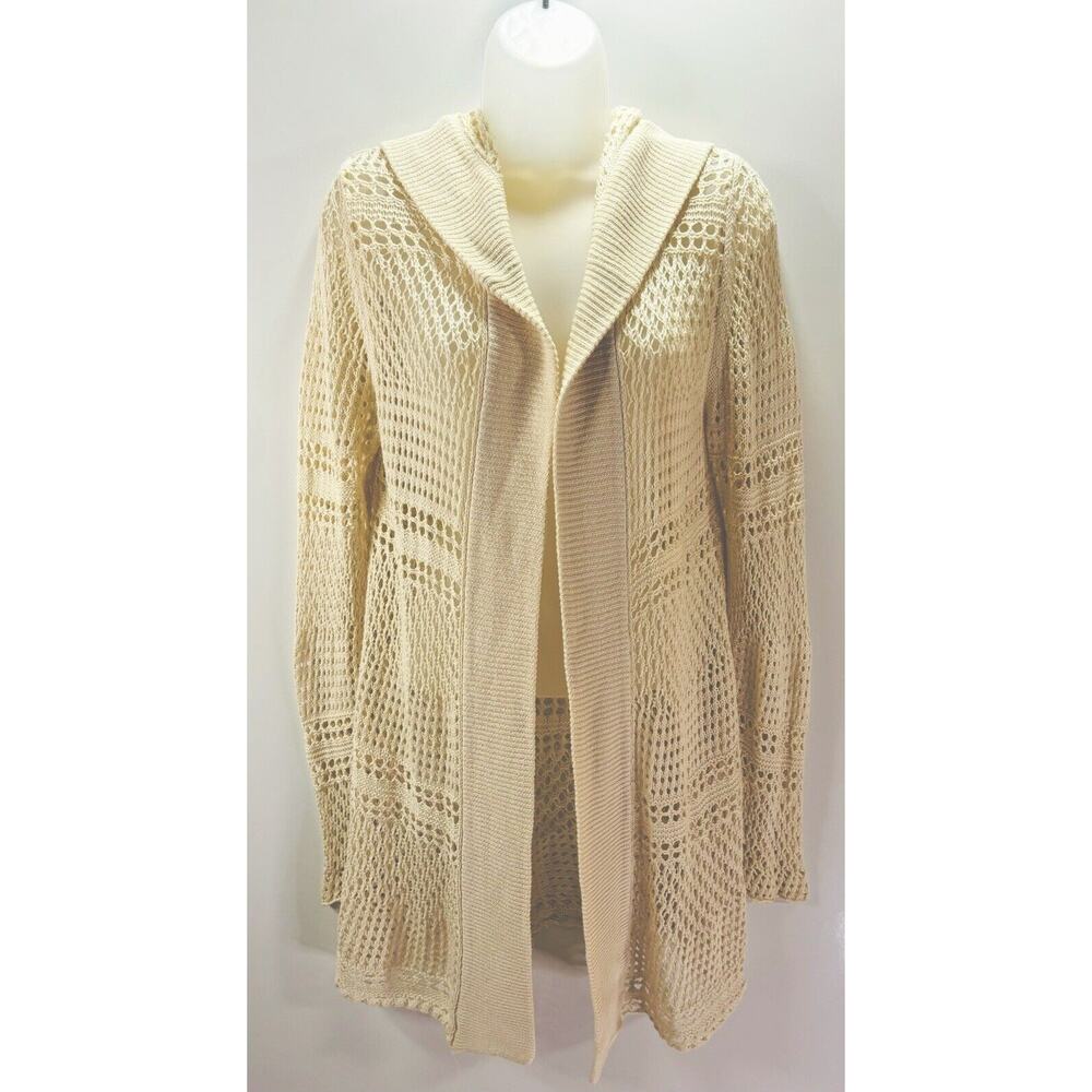 Vintage Y2K Crochet Roxy Boho Artsy Hooded Mid Length Cream Cardigan Size M